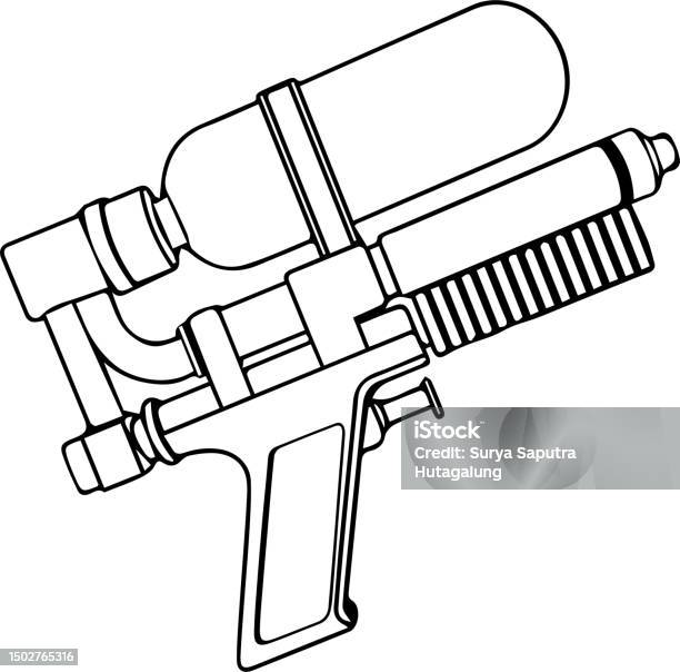 Vector line art blasters collection toy gun set coloring page futuristic weapon design space game gun outline icons on white background stock illustration