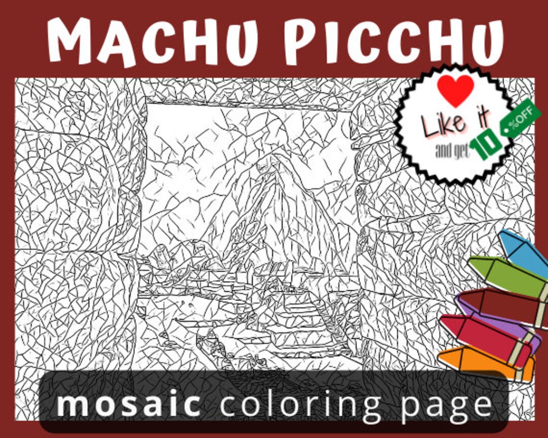 Macchu picchu coloring page for adult with reference pic for inspiration guidance mosaic coloring stained glass coloring pages