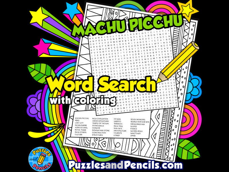 Machu picchu word search puzzle with colouring activity seven wonders teaching resources