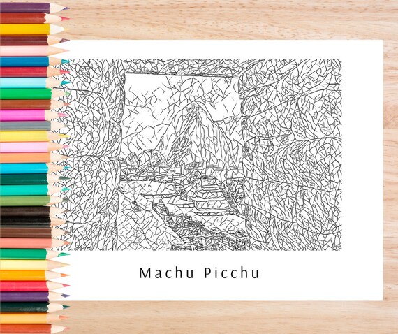 Macchu picchu coloring page for adult with reference pic for inspiration guidance mosaic coloring stained glass coloring pages
