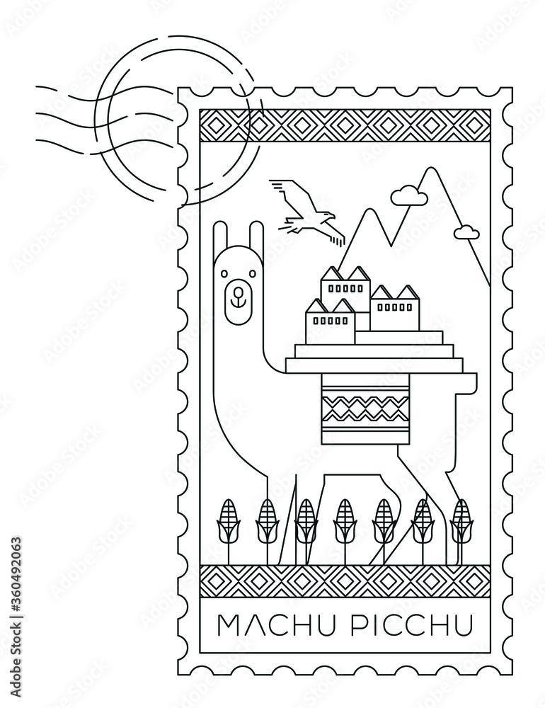 Machu picchu stamp minimal linear vector illustration and typography design peru vector