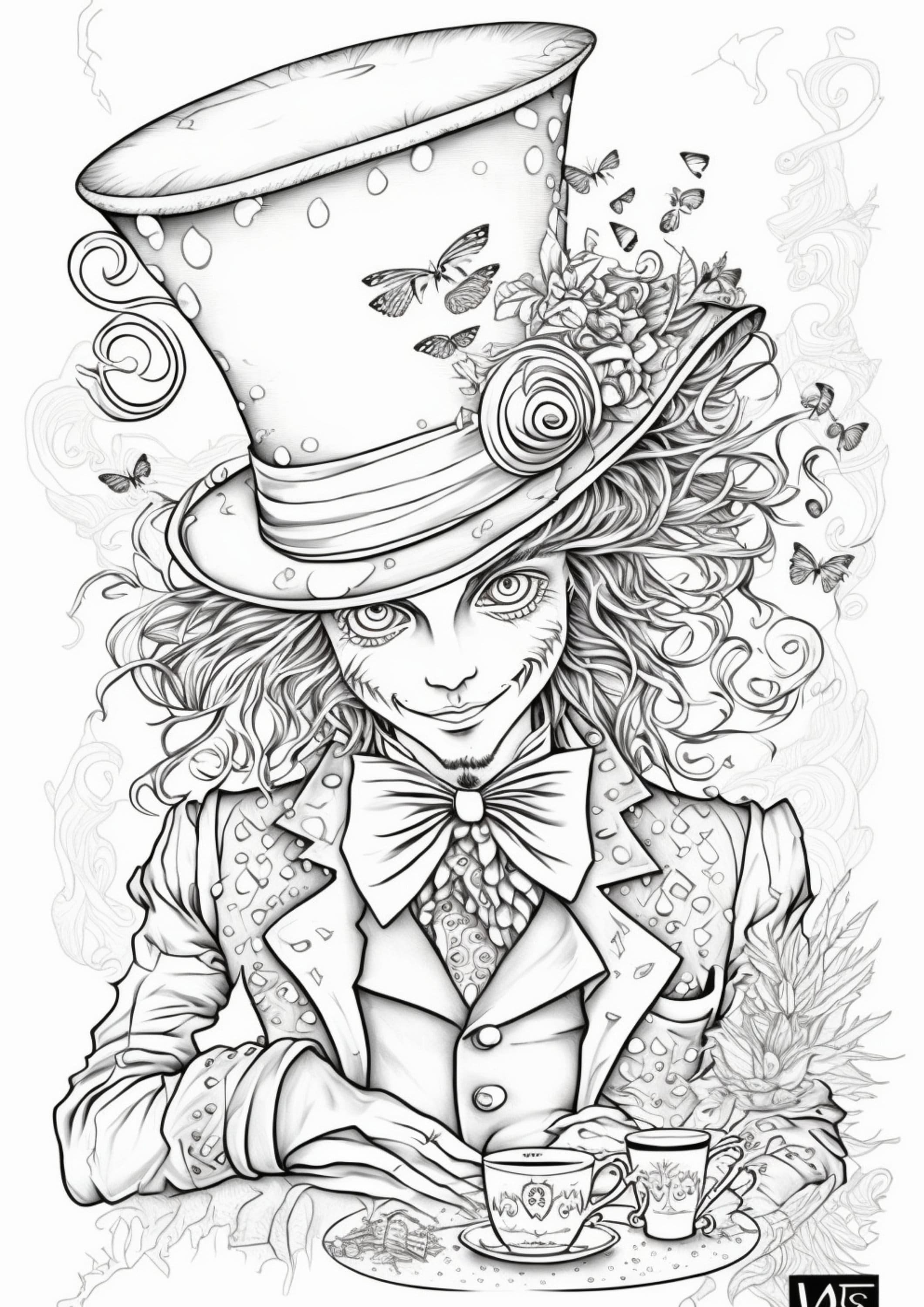 Mad hatter alice in wonderland adult and kids coloring book page digital downloadthe mad hatter pdf jpg dpi ai generated image instant download