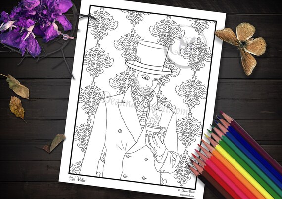 Mad hatter coloring page alice in wonderland coloring page printable jpg adult coloring page fairy tale coloring page digi stamp