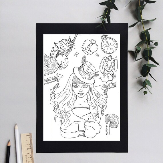 Mad hatter downloadable coloring page alice in wonderland steampunk mindfulness coloring anxiety relief coloring pages adult cheshire cat instant download