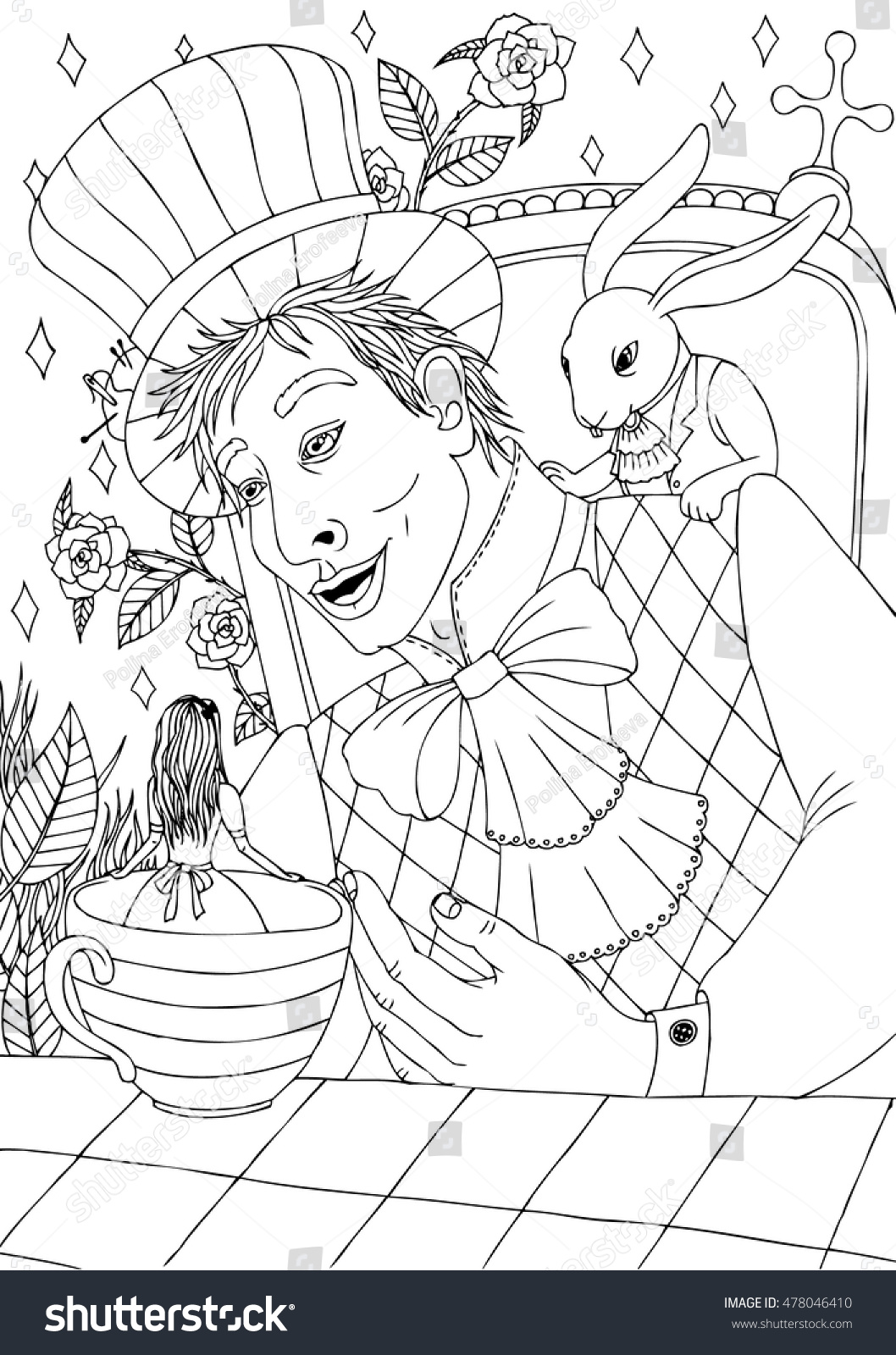 Coloring page mad hatter talks alice stock vector royalty free