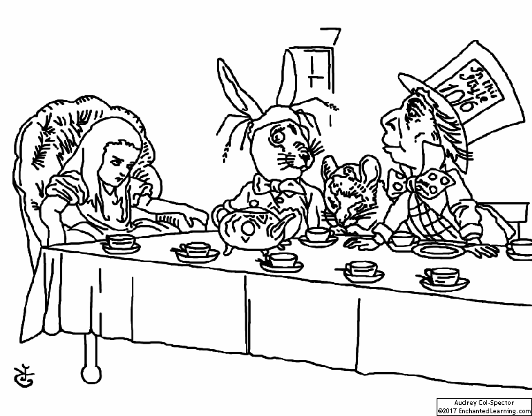 Mad tea party coloring page alice in wonderland
