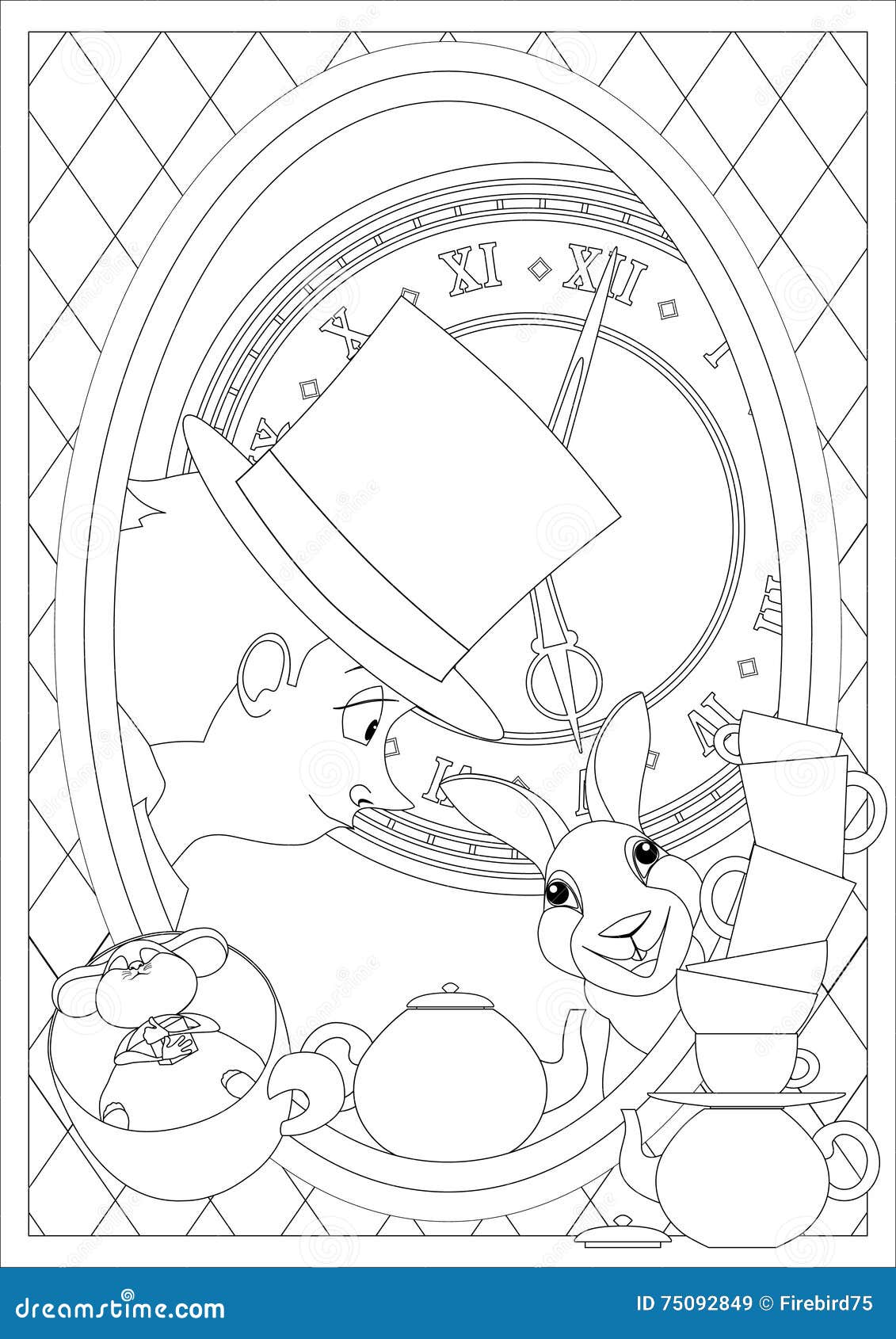 Coloring page alice in wonderland mad tea party stock vector