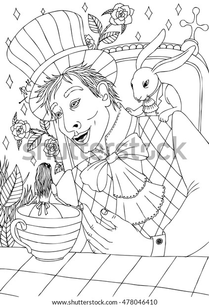 Coloring page mad hatter talks alice stock vector royalty free