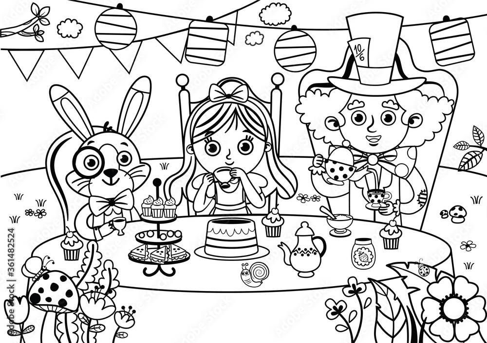 Black and white alice in wonderland vector illustration mad tea party alice white rabbit and mad