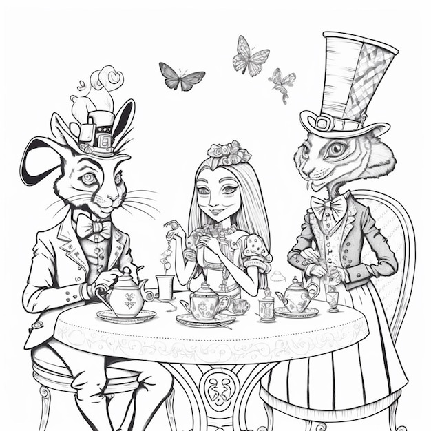 Premium ai image alice and the mad hatter tea party coloring pages generative ai