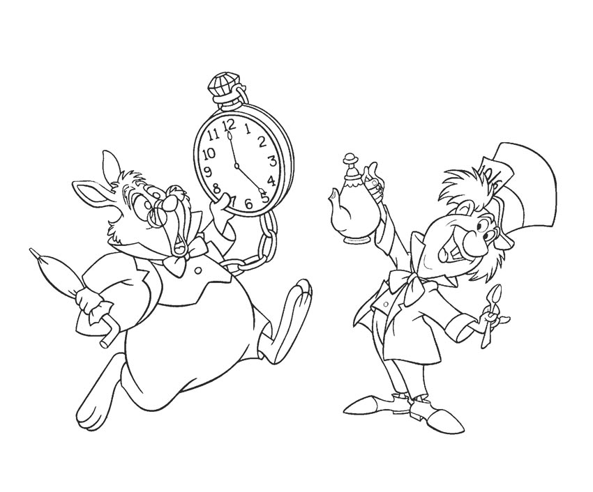 White rabbit and mad hatter coloring page