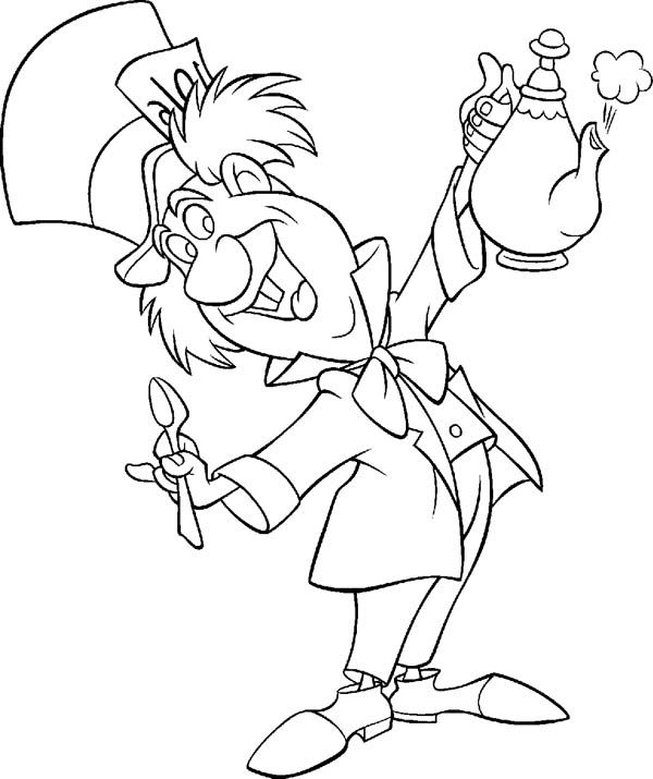 Mad hatter serving tea in alice in wonderland coloring page
