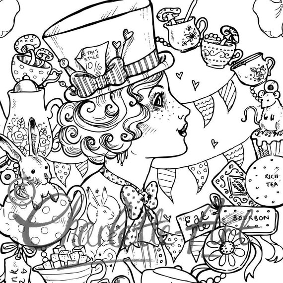 Adult colouring page mad hatter alice in wonderland steampunk gothic victorian tattoo instant download pdf and jpeg file for coloring