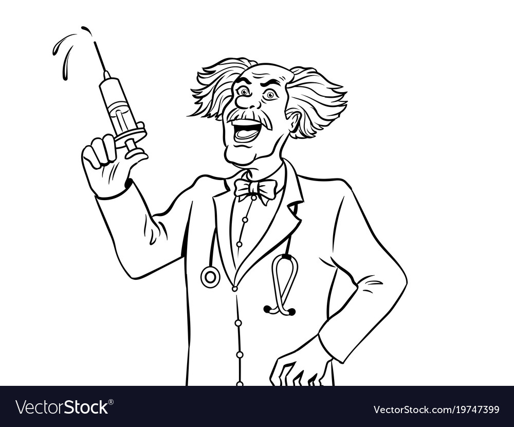 Mad doctor with syringe coloring book royalty free vector