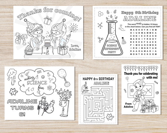 Science birthday coloring pages mad scientist party any age decorations boy girls digital pdf