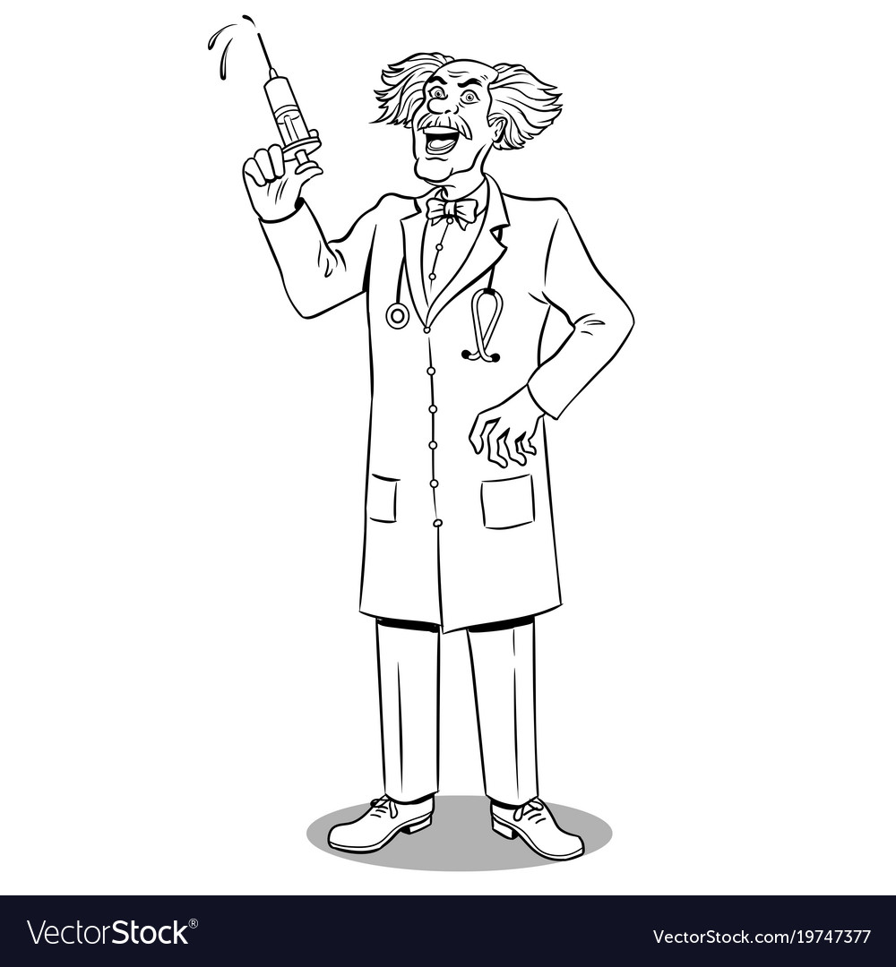 Mad doctor with syringe coloring book royalty free vector