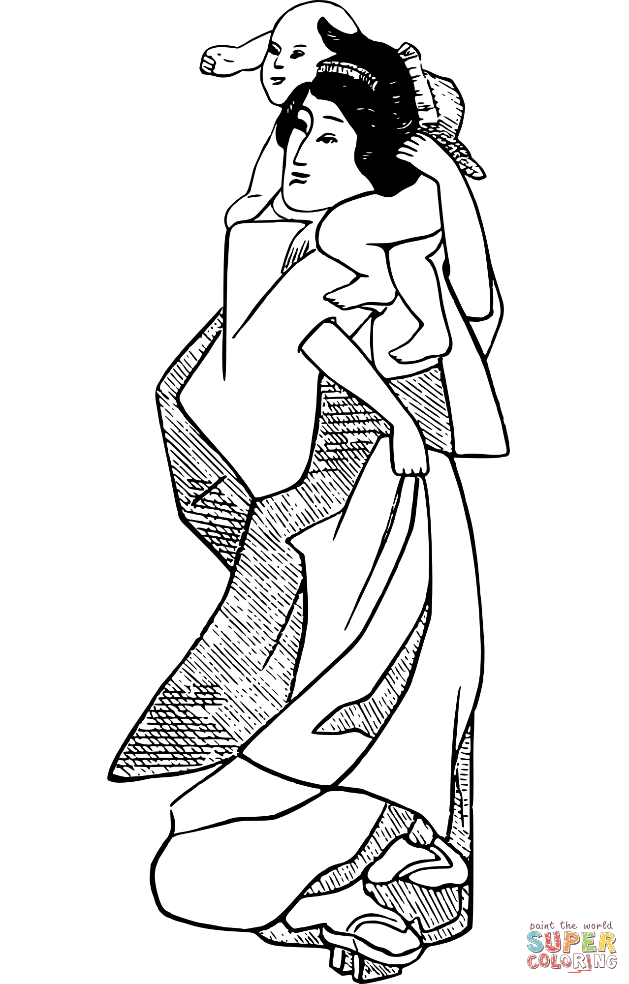 Dibujo de vintage japonãs madre e hijo para colorear dibujos para colorear imprimir gratis