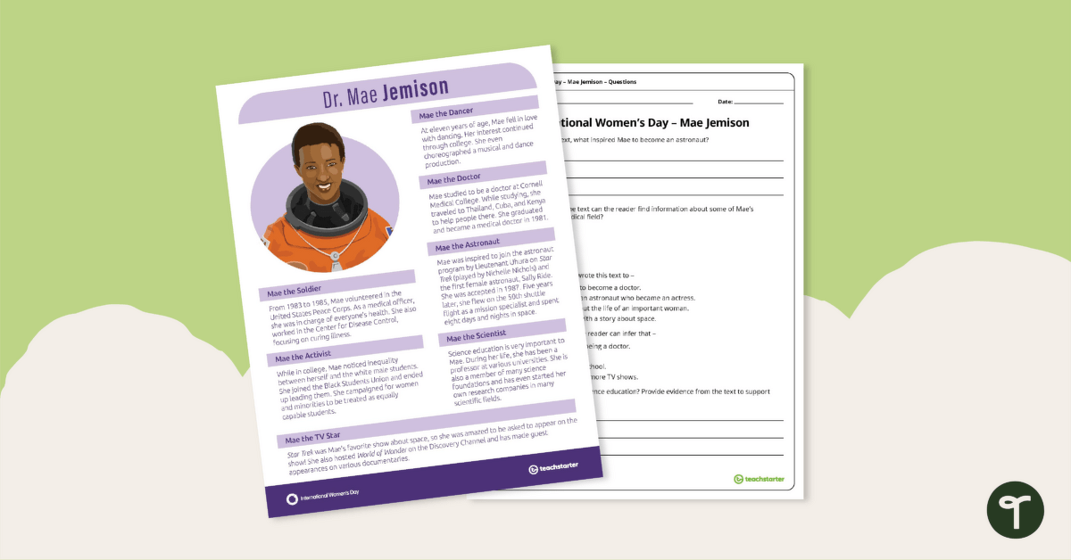Inspirational woman profile dr mae jemison â prehension worksheet teach starter