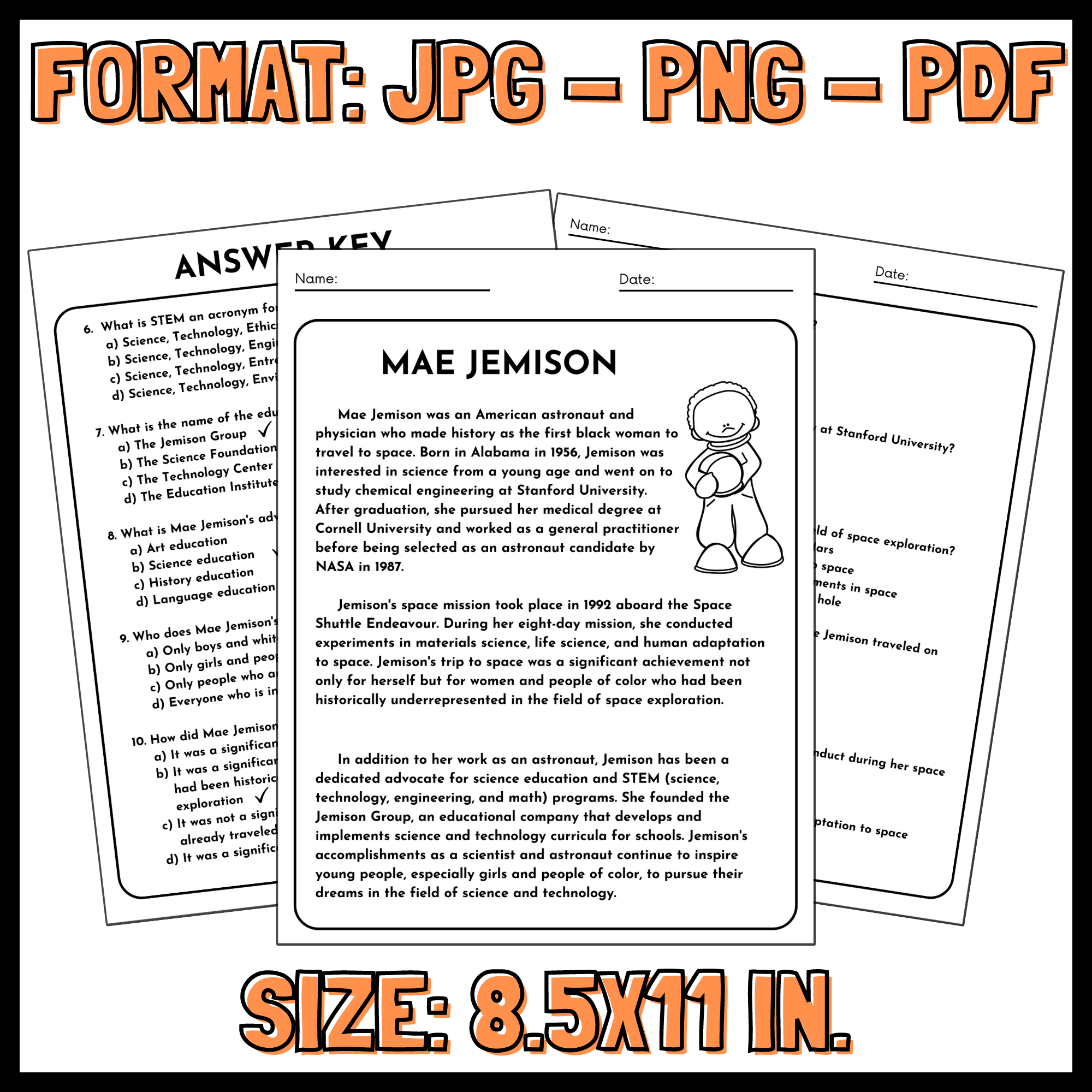 Mae jemison reading prehension article and questions passages made by teachers