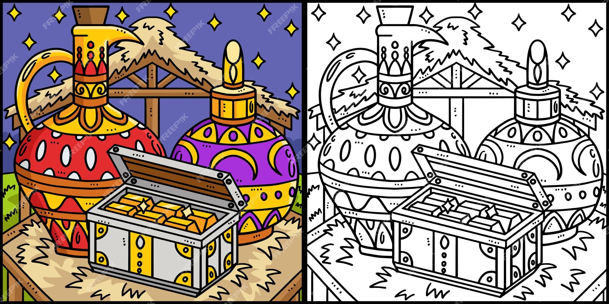 Premium vector this coloring page shows a christian gifts of the magi one side of this illustration is colored and serves as an inspiration for children
