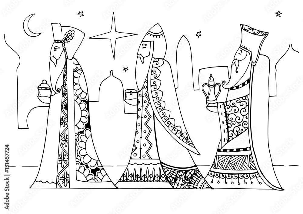 Vector illustration zentagl the magi are gifts to baby jesus christmas doodle drawing meditative exercises coloring book anti stress for adults and children black and white vector