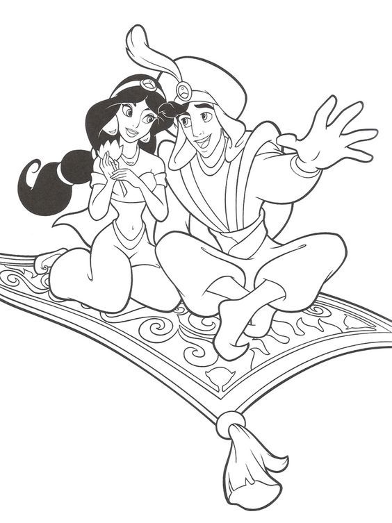Drawing middot aladdin with jasmine in flying carpet coloring page disney coloring pages disney princess coloring pages princess coloring pages