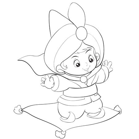 Boy dressed in oriental clothes and a turban flies on a magic carpet outline drawing coloring isolated object on a white background vector illustration eps