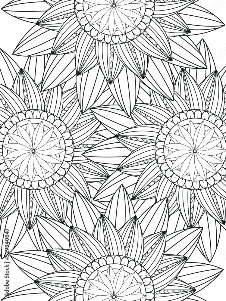 Doodle floral pattern in black and white a page for coloring book fascinating and relaxing job for children and adults zentangle drawing flower carpet in a magic garden vector