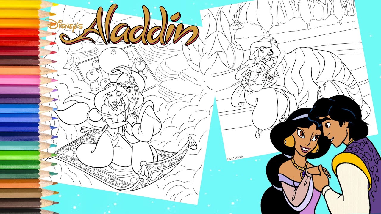 Coloring disney princess jasmine rajah aladdin on magic carpet ride coloring pages