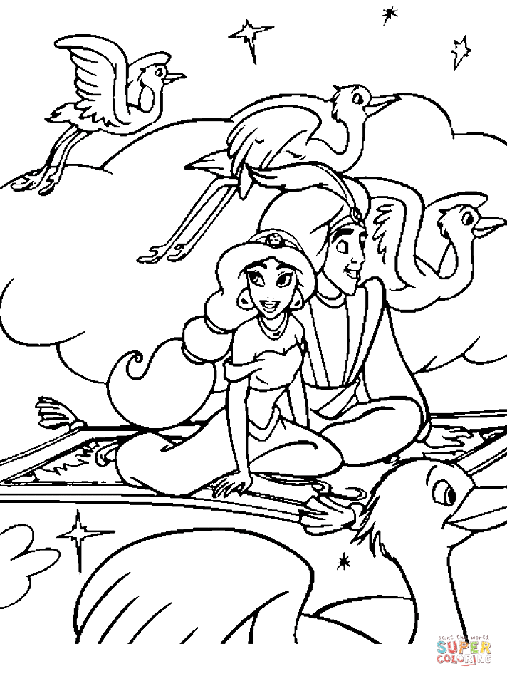 Aladdin and jasmine in the sky coloring page free printable coloring pages