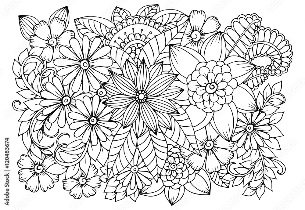 Doodle floral pattern in black and white page for coloring book zentangle drawing flower carpet in magic garden vector