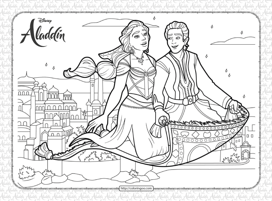 Aladdin and jasmine on magic carpet coloring page