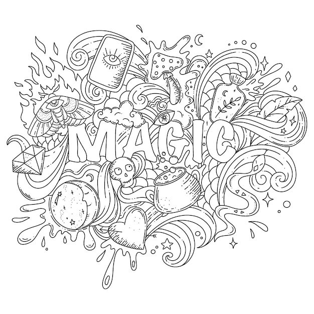 Premium vector cartoon hand drawn doodles about magic magic coloring page