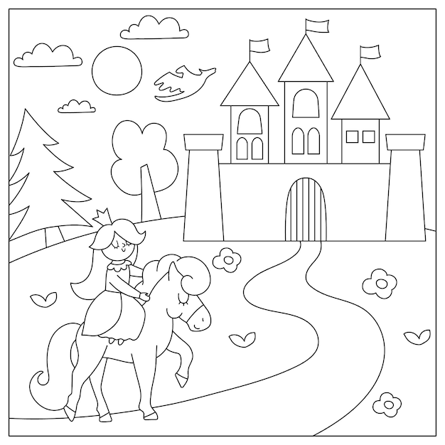 Premium vector vector black and white medieval village landscape with princess on a horse and castle magic kingdom coloring page line magic forest scenery illustrationxa