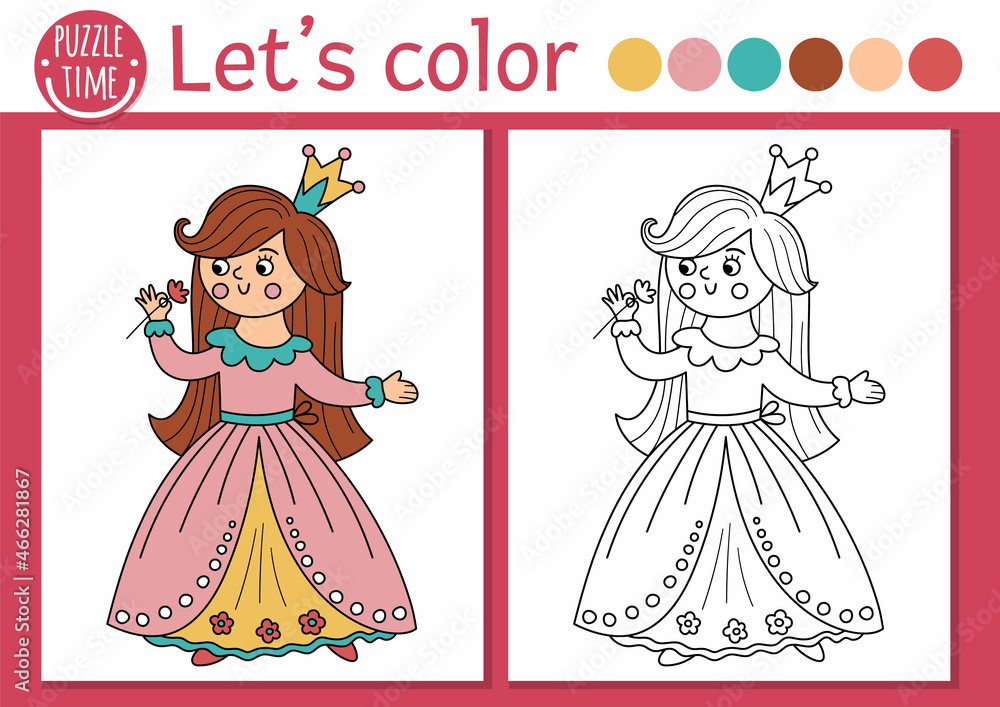 Magic kingdom coloring page for children with princess vector fairytale outline illustration with cute fantasy girl color book for kids with colored example drawing skills printable worksheet vector
