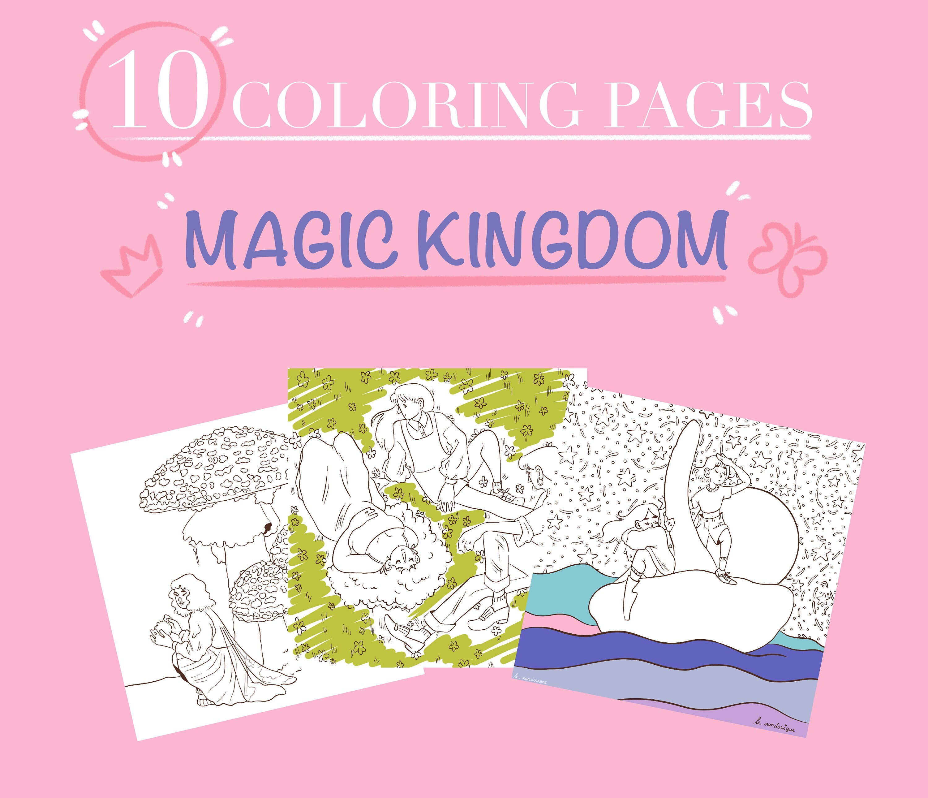 Magic kingdom coloring page printable adult kids cute magic fairy colouring pages instant download colouring pages psd procreate png instant download