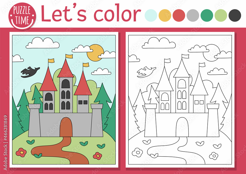 Magic kingdom coloring page for children with castle and forest landscape vector fairytale outline illustration color book for kids with colored example drawing skills printable worksheet vector