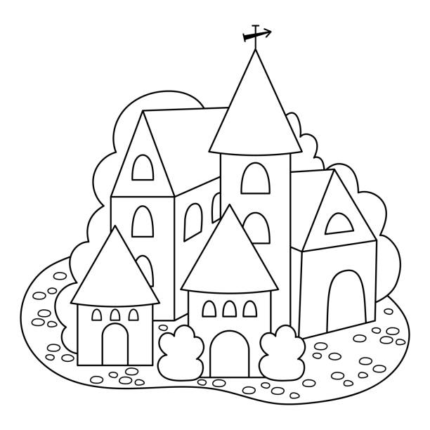 Vector medieval black and white village icon isolated on white background magic kingdom picture stone and wooden building coloring page countryside with towers houses trees stock illustration