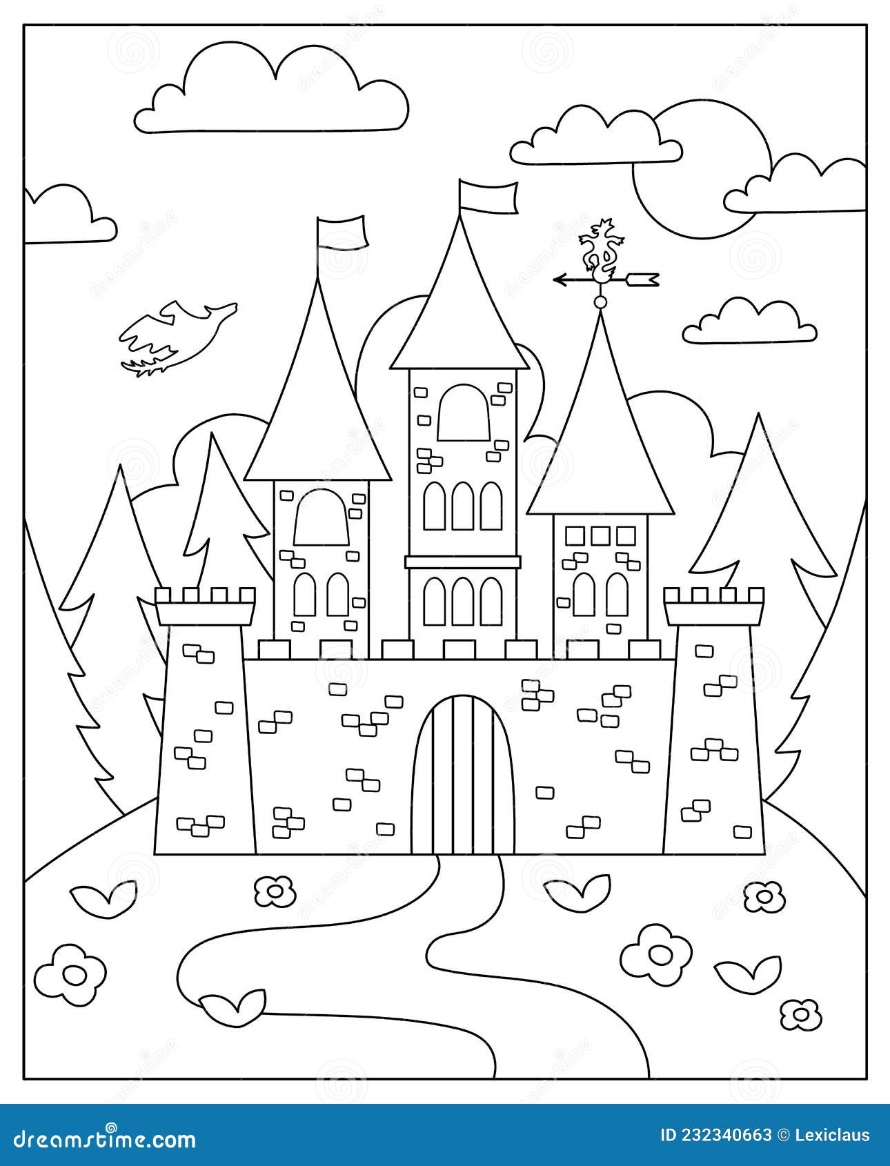 Vector black and white fairytale landscape with castle on a hill fairy tale background magic kingdom coloring page stock vector