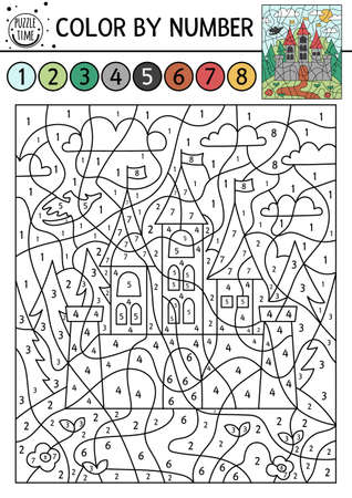 Vector magic kingdom color by number activity with castle fairytale counting game with cute fantasy forest landscape and king house funny coloring page for kids with palace and dragon ù ùùø øªøµù ùù ù