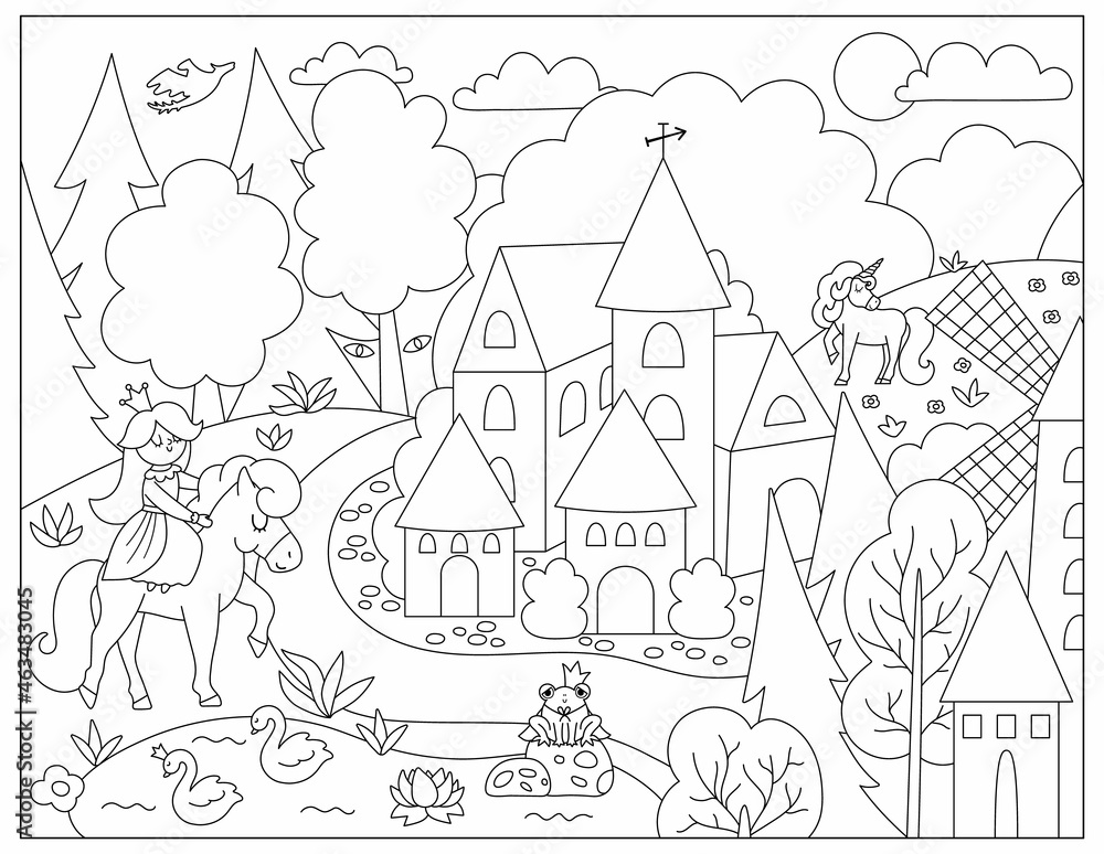 Vector black and white medieval village landscape with princess and unicorn magic kingdom coloring page stone and wooden line building surrounded by magic forest illustration vector