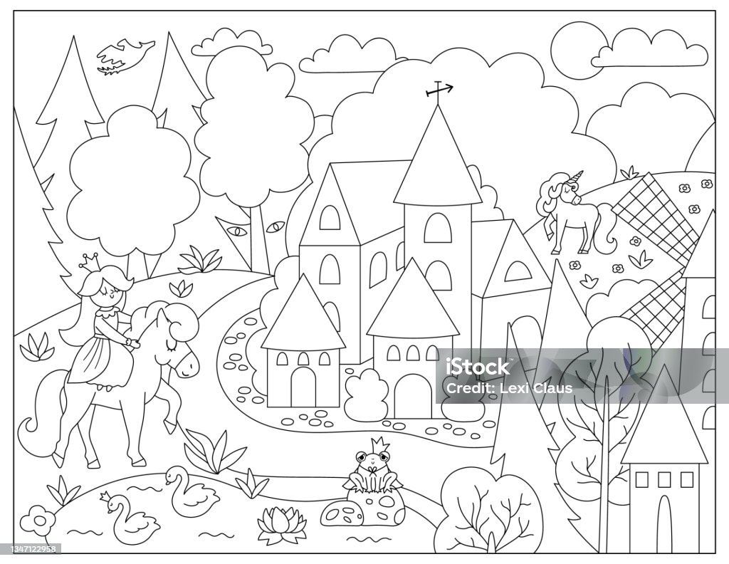 Vector black and white medieval village landscape with princess and unicorn magic kingdom coloring page stone and wooden line building surrounded by magic forest illustration stock illustration