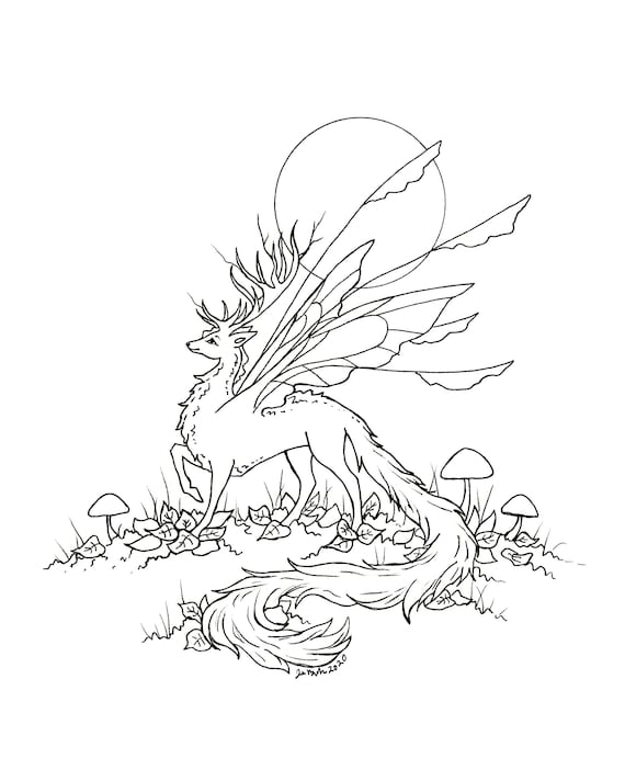 Fantasy art downloadable coloring page stag creature fairy fantastical animal drawing woodland wild magical line art instant download