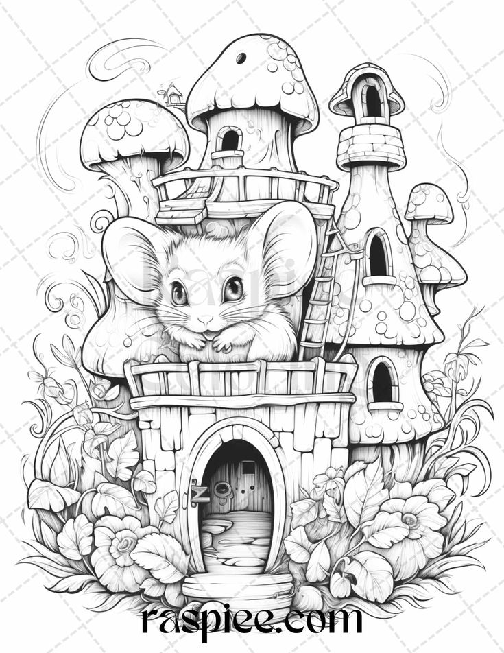 Magical mouse houses grayscale coloring pages printable for adults grayscale coloring coloring pages grayscale