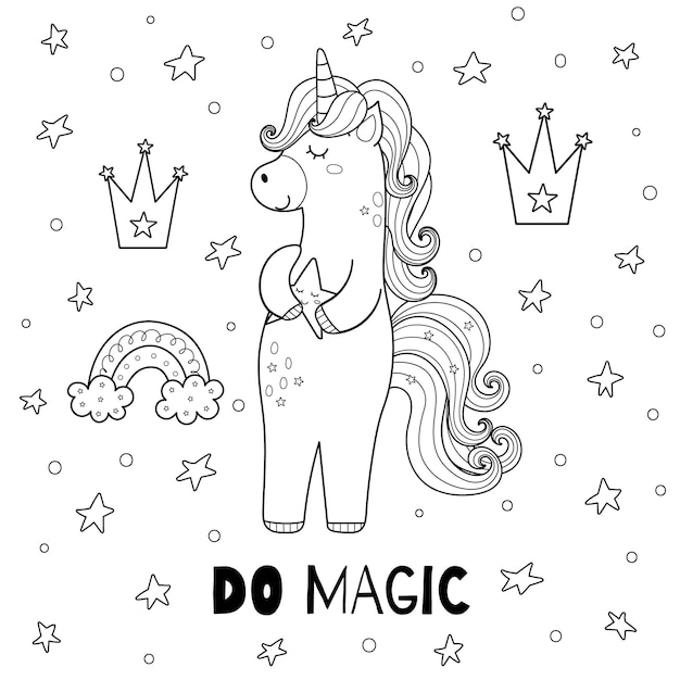 Premium vector do magic black and white print for kids with a cute unicorn coloring page with a magic horse