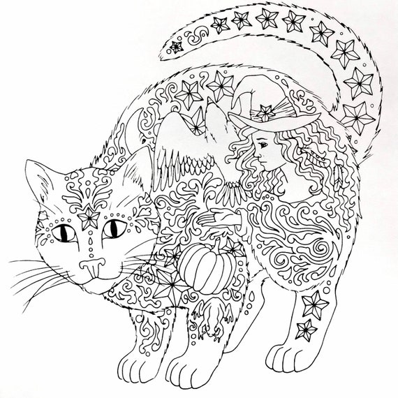 Coloring book page magical cat