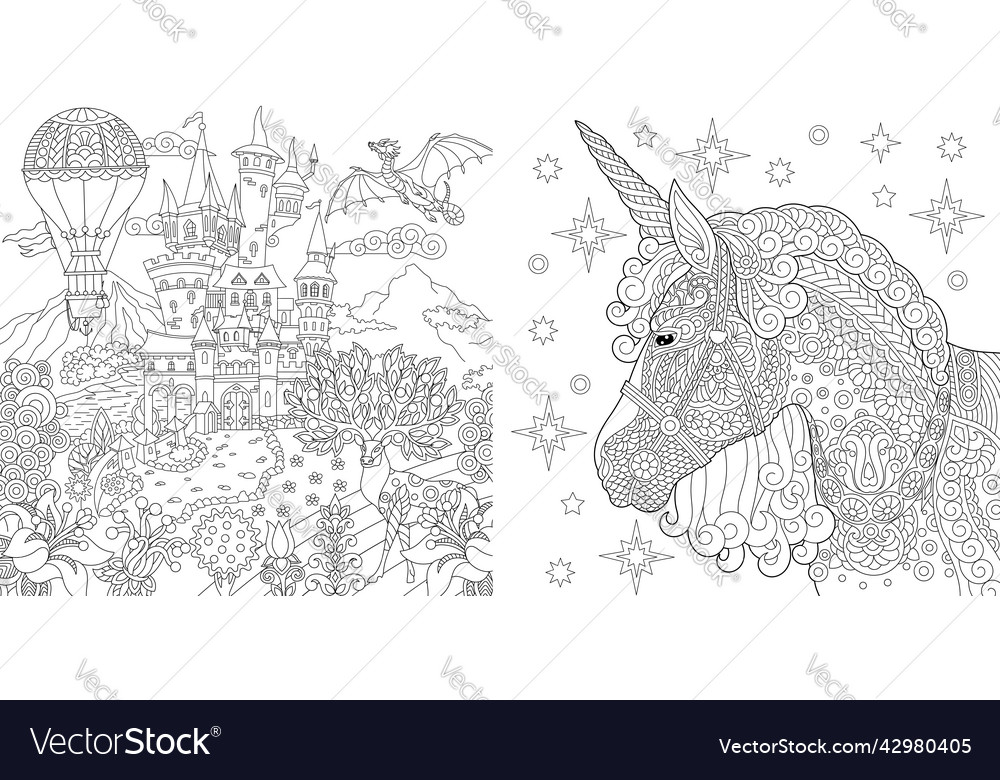 Coloring pages with fairytale castle and magic vector image