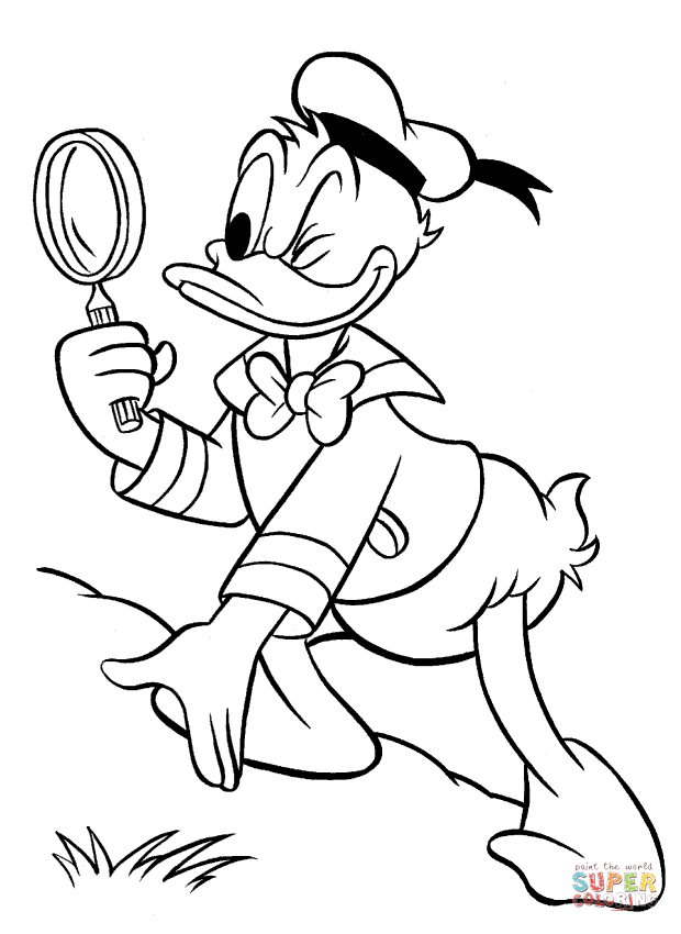 Donald duck looking through a magnifying glass coloring page free printable coloring pages
