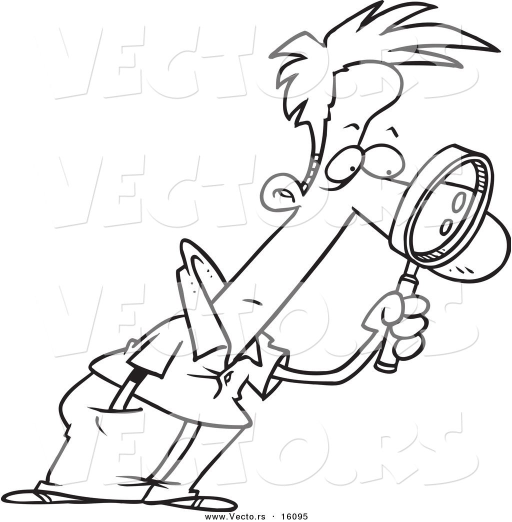 R of a cartoon man leaning forward and examining with a magnifying glass