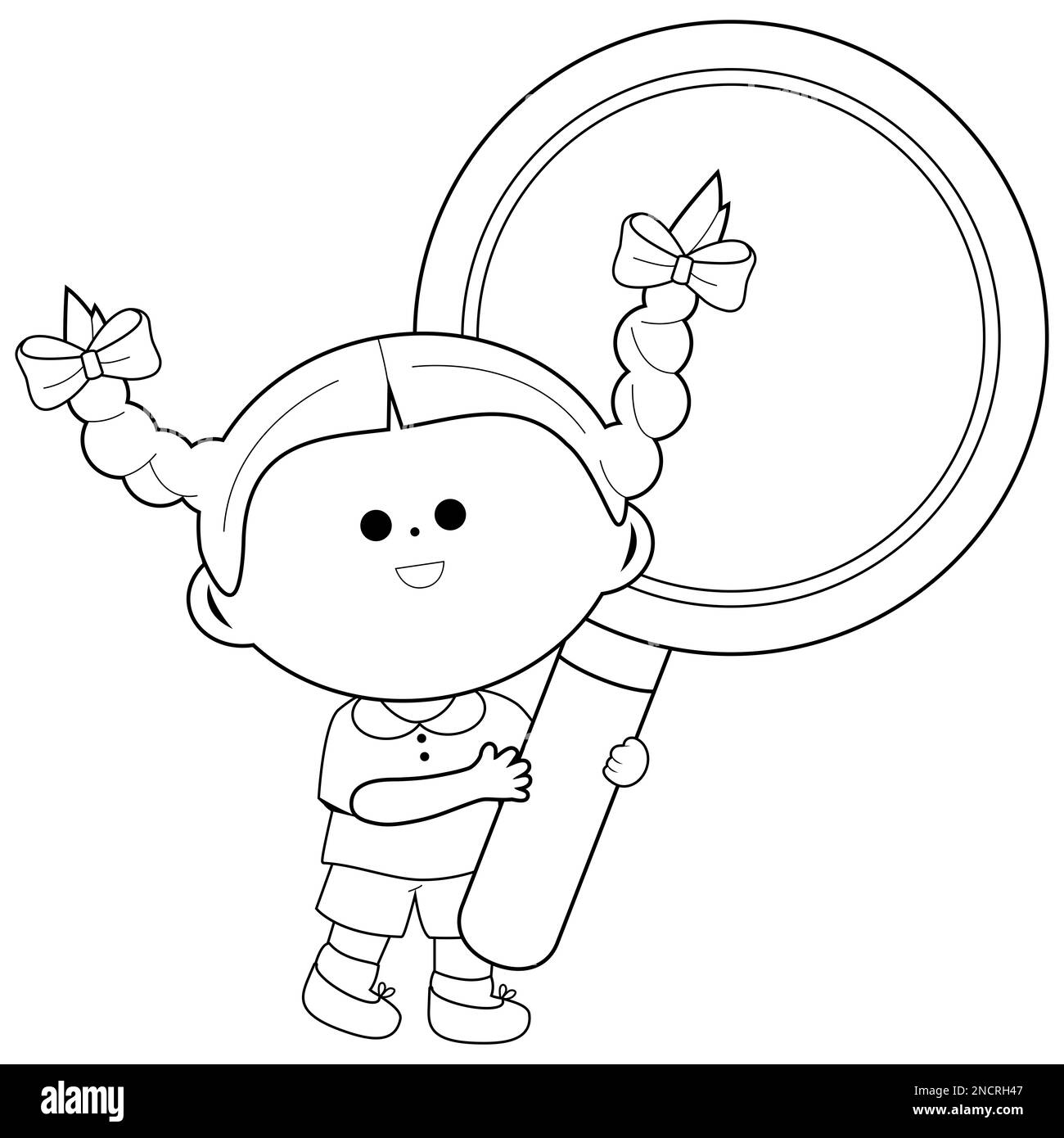 Little girl holding a magnifying glass black and white coloring page stock photo